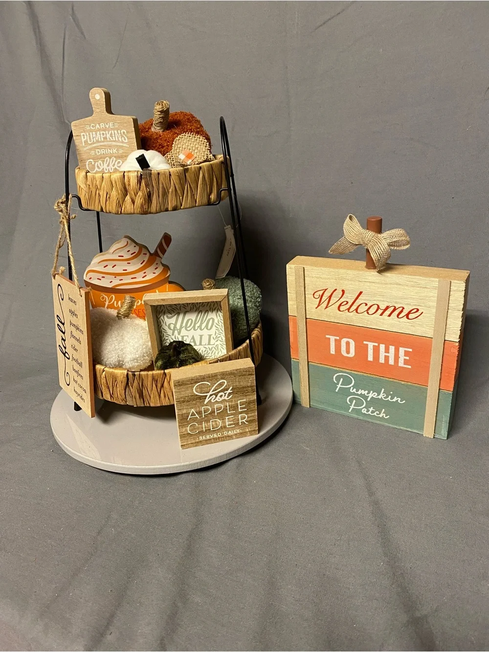 Autumn Pumpkin Patch Decorative Tiered Tray Set - White, Orange, Green